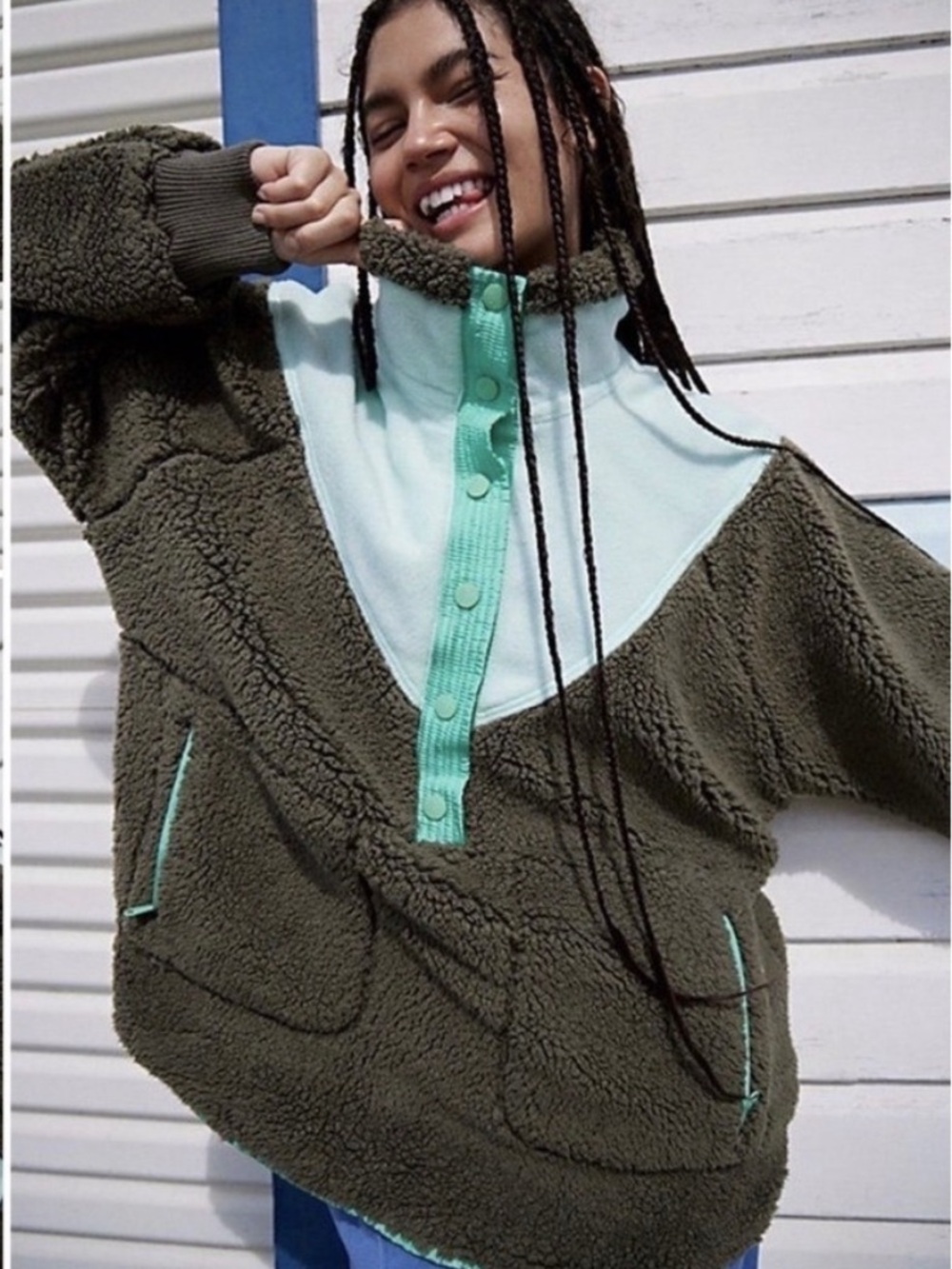•Free People Movement• green fall to rise fleece quarter snap pullover jacket